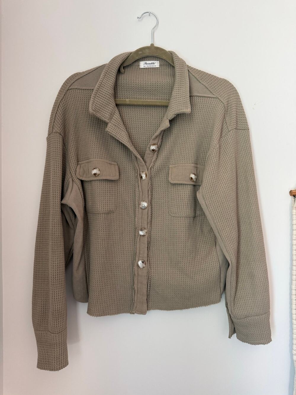 NWOT Panadila L Tan Khaki Waffle Knit Boxy Shacket Fall Cabincore Layering